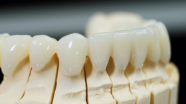 Macro close up of dental crown bridge on a plaster cast model. Shows tooth restoration detail, ceramic surface, and precision dental lab work.