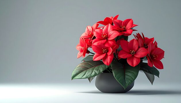 Vibrant red geranium flowers in a dark pot, lush green leaves with water droplets, studio lighting, soft grey background, celebrating nature's beauty