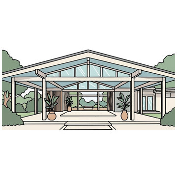 Modern house entrance with large overhang.