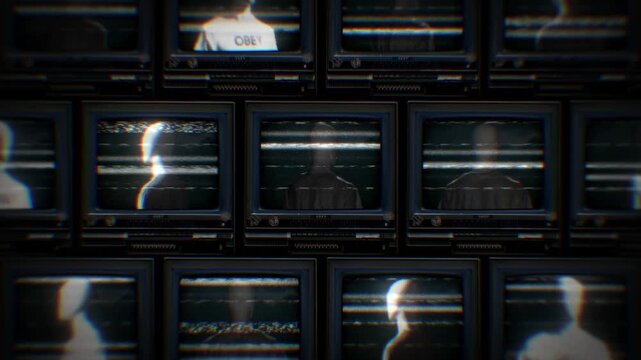 A looping background of stacked retro televisions with distorted glitch and interference noise featuring spinning faceless figures wearing shirts with the word OBEY..
