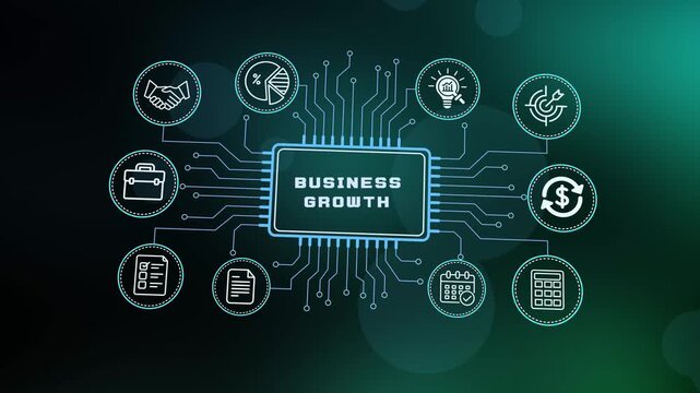  Futuristic business growth concept on digital circuit microchip background with icons representing professional corporate success and strategy.