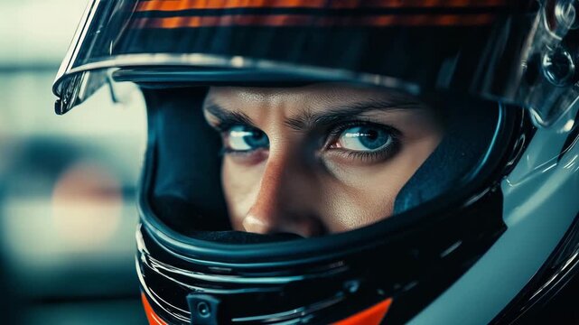Racer adjusts helmet and focuses on upcoming competition in a workshop setting during a motorsport event