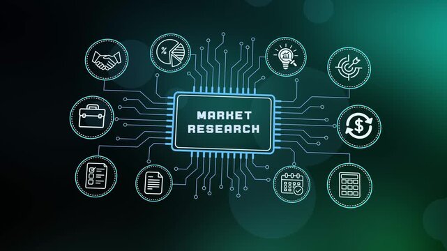 Market research and data analysis concept with digital consumer icons and futuristic circuit board for business intelligence and industry trends.