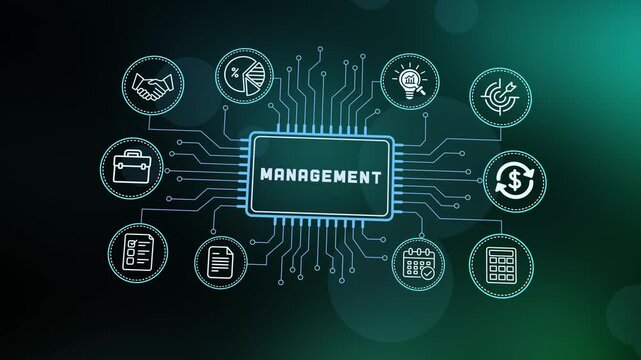 Professional business management concept with digital leadership icons and connected network interface for corporate organization and teamwork.
