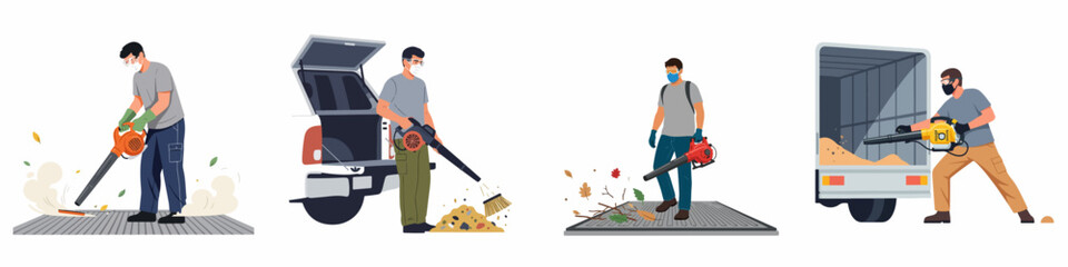 Naklejka premium Vector illustrations of male workers using leaf blowers for professional cleaning and landscaping tasks, wearing protective masks and safety gear.