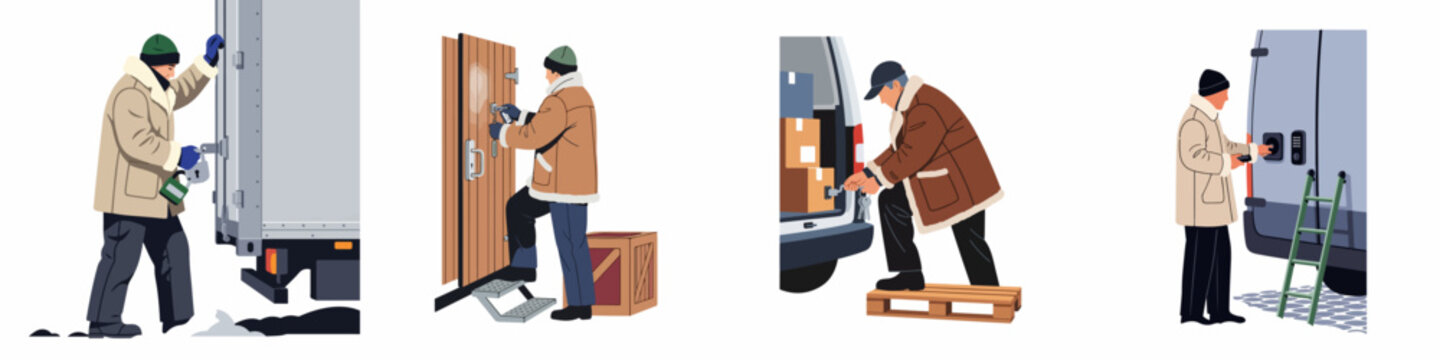 Illustration Set of Logistics Worker in Winter Gear Opening Truck Doors and Handling Delivery Packages