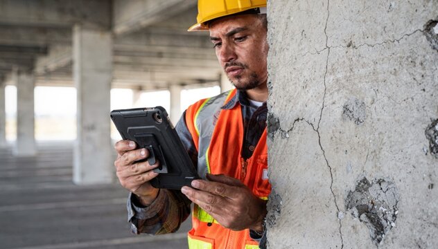 Daylight medium shot of engineer checking slabs for cracks and spalling tablet held firmly with parking garage columns and beams softly out of focus behind.
