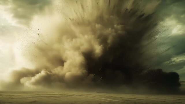 A large explosion occurs in a desert area sending dust and debris into the sky during daylight hours