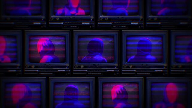 A looping background of stacked retro televisions with distorted glitch and interference noise featuring spinning faceless hooded figures.
