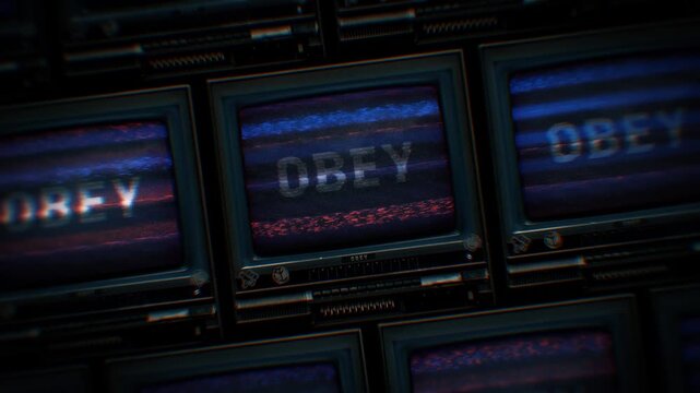 A looping background of stacked retro televisions with distorted glitch and interference noise featuring the word OBEY..
