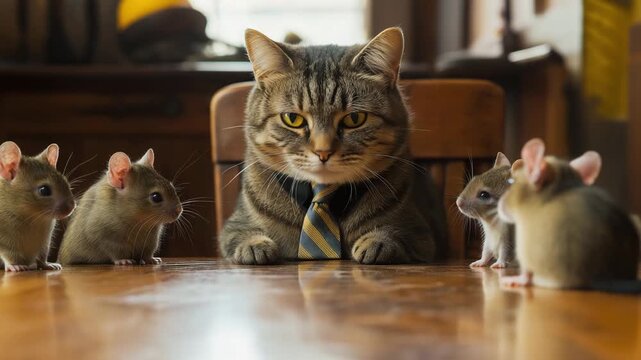 A cat in a tie sits at a table with four mice looking up at it during daylight