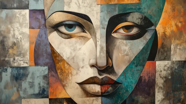 Artwork displays a face made of geometric shapes and various colors with elements that suggest depth and expression