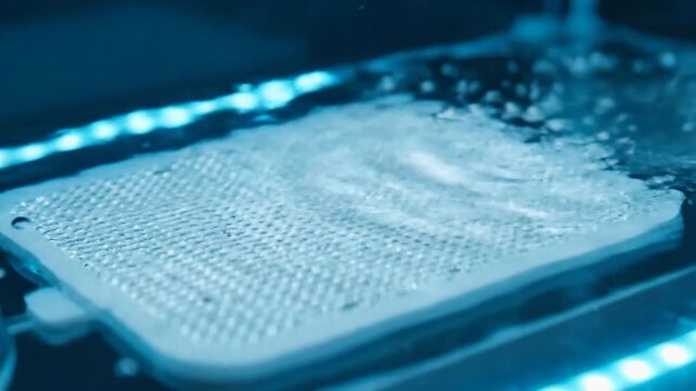 Water Flowing and Bubbling Over a Perforated Plate in a Scientific Experiment Under Blue Light