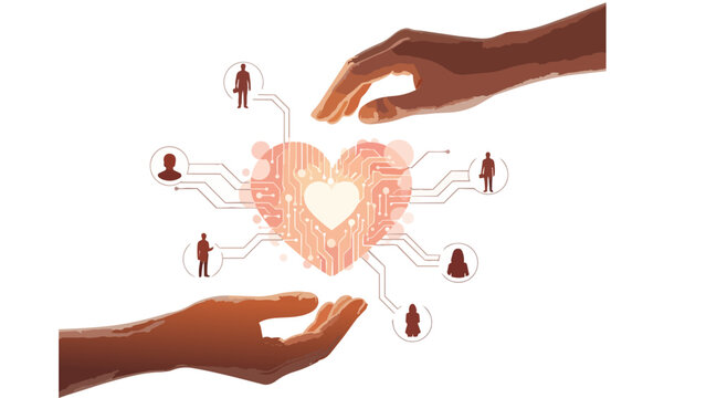 Human Connection and Ethical AI Vector Illustration with Digital Heart Circuit Design