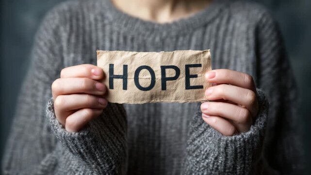 childs hands holding paper hope sign animation