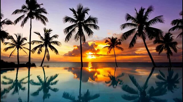 Tropical sunset infinity pool with palm trees