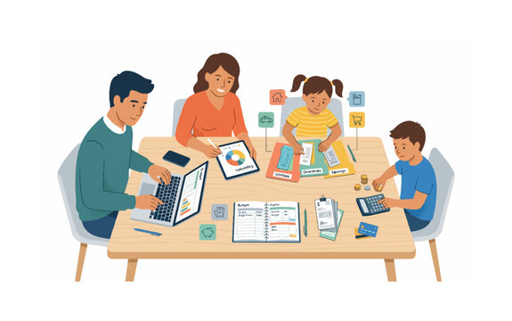 Family's Collaborative Endeavor: A family gathers around a table, engaging in a range of activities that blend technology and traditional methods. Illustrating familial interaction.