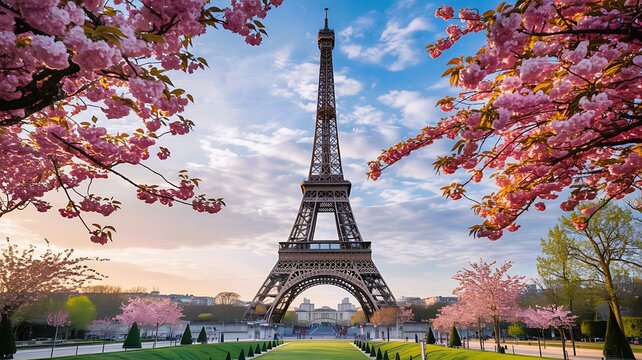 Eiffel tower in paris framed by beautiful pink cherry blossoms during spring season