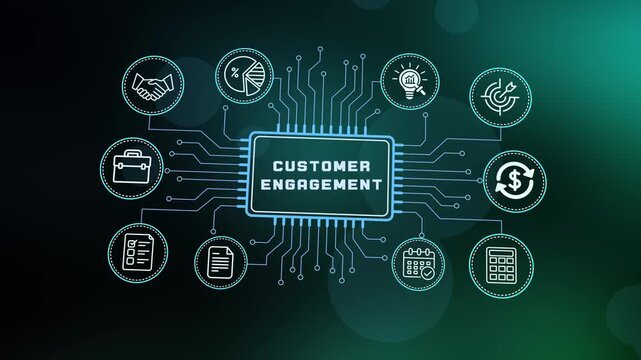Digital customer engagement strategy background featuring interconnected business icons and electronic circuit board for modern marketing solutions.
