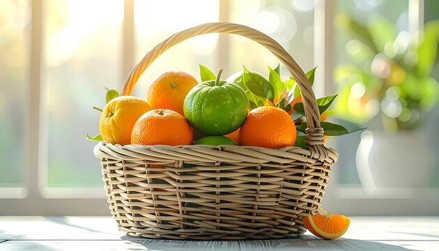 Wicker basket brimming with fresh assorted citrus fruits, oranges, limes, and lemons, glistening
