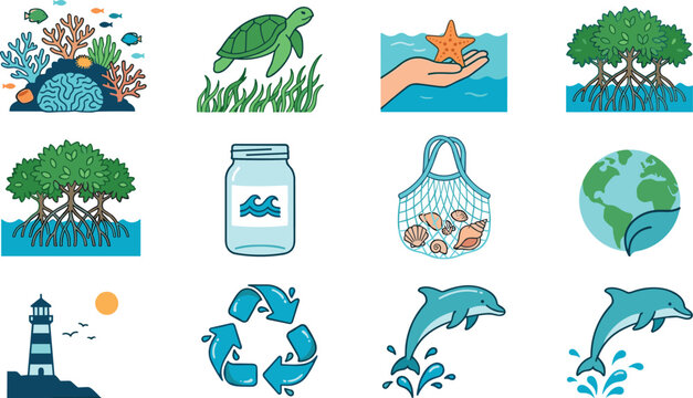Ocean Conservation and Marine Life Icon Set with Coral Reef Turtle Dolphin Mangrove Starfish Lighthouse Recycle Bag and Earth for Ecology and Sea Design