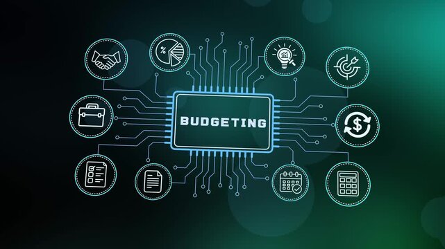  Financial budgeting concept with digital circuit board design and business icons for expense tracking, cost control and fiscal planning.
