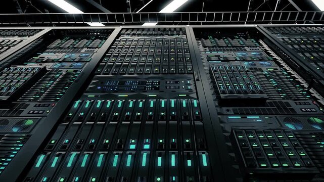 3d render of abstract data center server room racks with flashing led lights. Looping animation of a futuristic mainframe supercomputer for cloud computing and internet infrastructure.