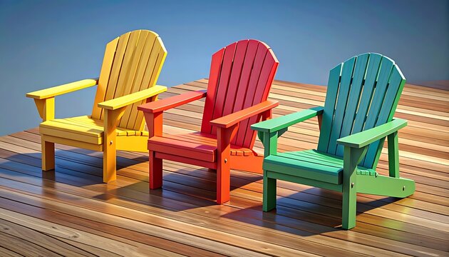 Three colorful Adirondack chairs in yellow, red, and teal arranged on a wooden deck, inviting outdoor relaxation, summer vacation, and patio furniture.
