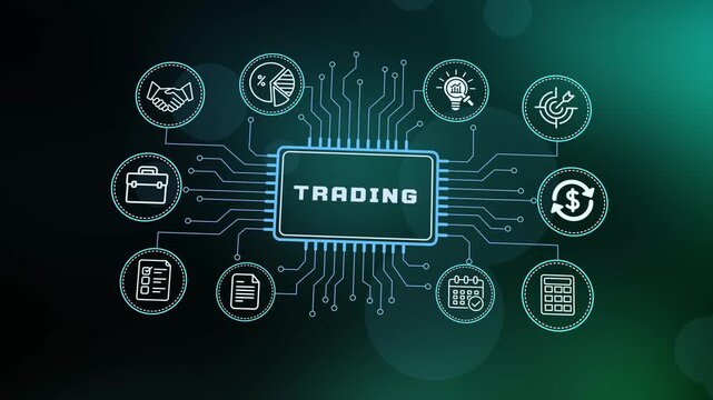  Digital trading concept on a circuit board background with business icons for financial market analysis, stock investment and global exchange.
