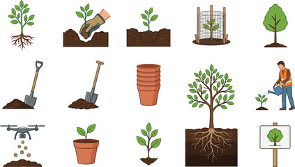 Tree Planting and Reforestation Illustration Set with Seedling Shovel Pot Roots Watering Drone and Gardener for Ecology and Environment Design © AFRUZA