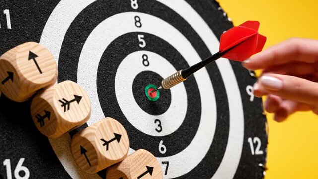 Close-up of a hand holding a red dart aiming for the bullseye on a black and white dartboard with wooden arrow cubes, conceptualizing business goal achievement and success on yellow.