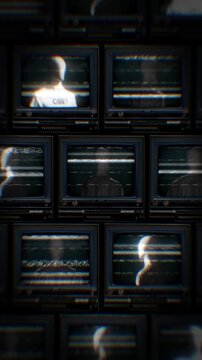 A looping background of stacked retro televisions with distorted glitch and interference noise featuring spinning faceless figures wearing shirts with the word OBEY..
