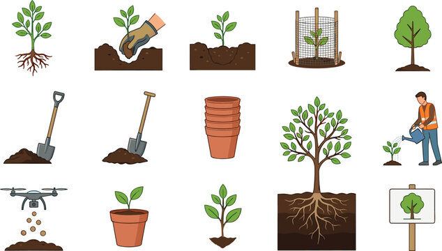 Tree Planting and Reforestation Illustration Set with Seedling Shovel Pot Roots Watering Drone and Gardener for Ecology and Environment Design