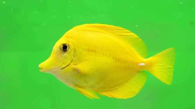 Vibrant Yellow Tang Fish Swimming Gracefully Against Green Background.