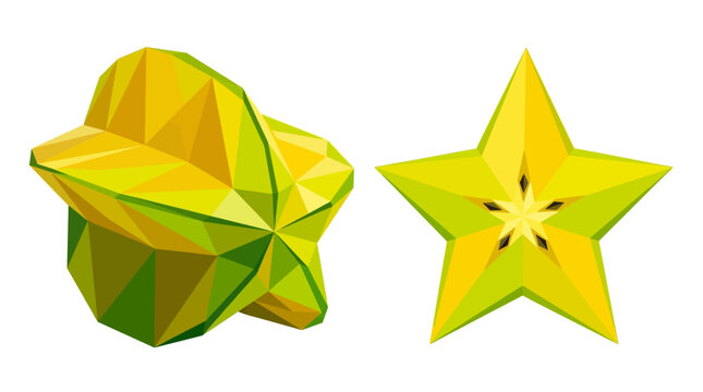 Two vibrant yellow and green starfruit or carambola slices presented side by side showcasing their unique shapes and textures perfect for healthy eating and exotic cuisine concepts. sstkSports