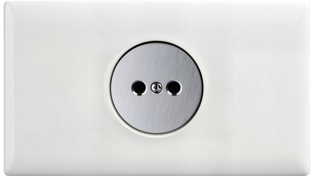 Isolated white electrical wall power socket with brushed metal round plate and ground contact