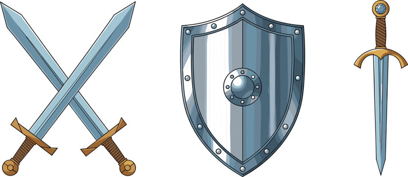 Medieval Weapon and Armor Vector Set with Two Crossed Swords, Single Sword, and Shield in Detailed Cartoon Style for Fantasy Illustrations, RPG Games, Adventure Designs, and Historical Themes