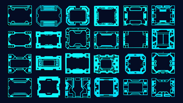 futuristic interface frames collection a set of twenty five cyan sci fi ui elements on a dark background