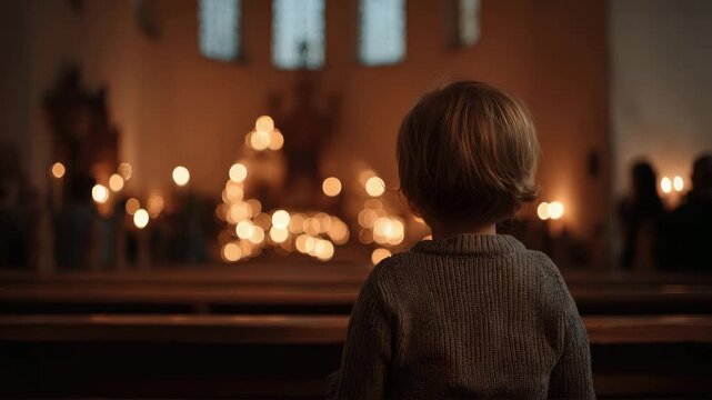 lonely child sitting on a bench in the church animation