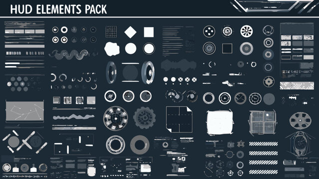 hud elements pack a comprehensive monochrome white interface icons and symbols collection on dark background high quality professional