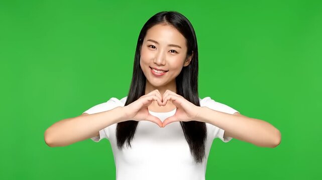Joyful young Asian woman smiling cheerfully, forming a loving heart gesture with her hands, expressing affection and positivity on a vibrant green screen background, perfect for compositing