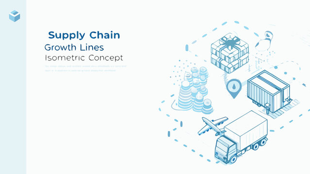 Isometric supply chain concept with delivery truck plane packages and stacked boxes on a light blue background
