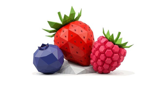 Low Poly Style Strawberry Blueberry and Raspberry Fruit Isolated on White