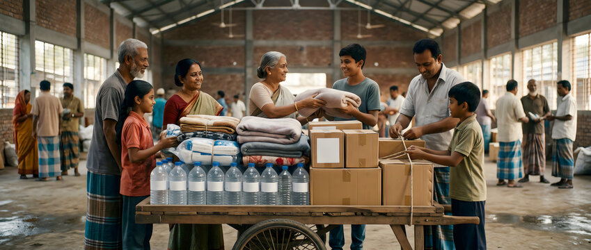 South Asian community volunteers organizing relief supplies on a cart.