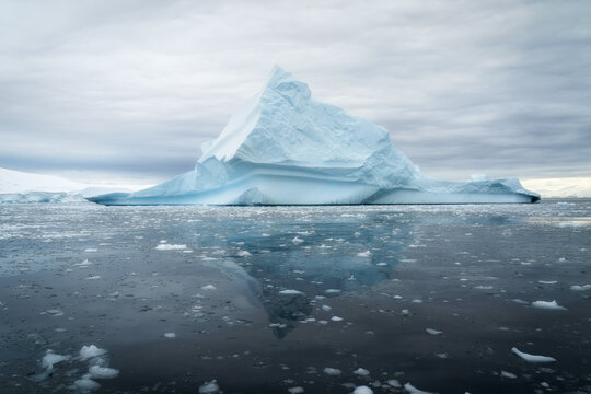 View of a massive pointed iceberg floating in the calm dark waters with smaller ice fragments and a reflection under an overcast sky in Antarctica.