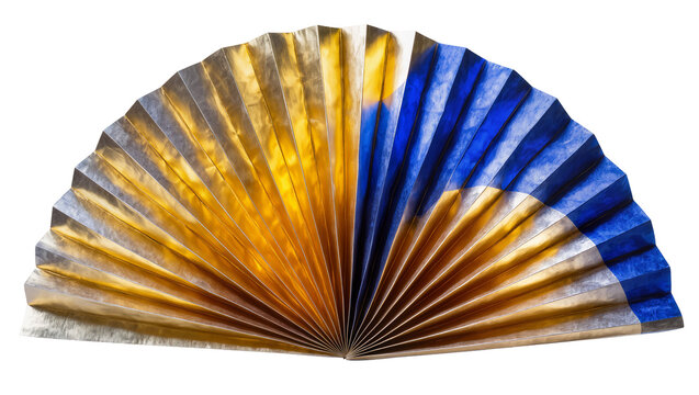 Isolated elegant pleated semicircle fan decoration with shimmering gold and blue metallic texture