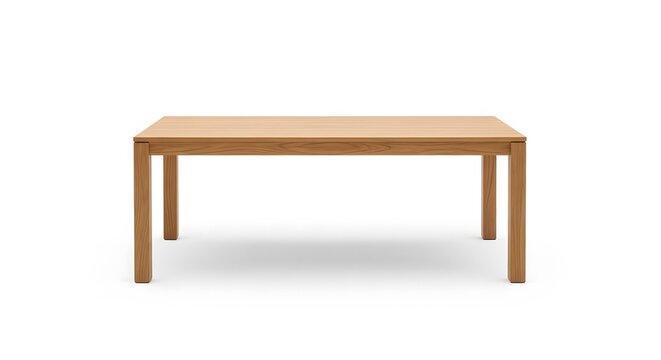 Modern light brown wooden dining table on a white background.