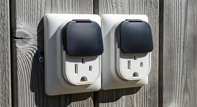 Outdoor electrical outlets sockets installed on rustic wooden wall
