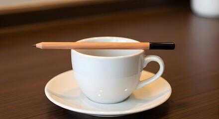 Obraz premium Pen resting on coffee cup and saucer on wooden table