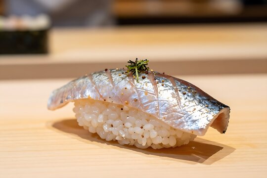 Iwashi nigiri sushi with scored sardine on a wooden counter